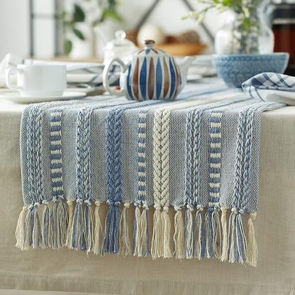 DII Farmhouse Braided Stripe Table Runner Collection, 15x108 (15x113, Fringe Included), Stonewash Blue