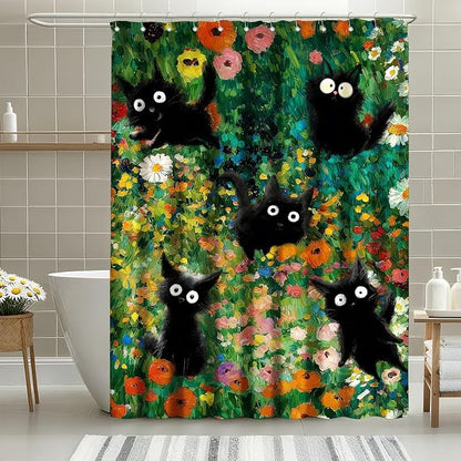 Funny Black Cats Shower Curtain Vintage Wildflowers Shower Curtains for Bathroom Waterproof Fabric Bath Curtain Decor with Hooks