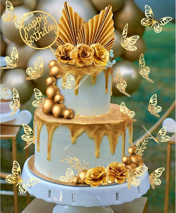 Shimeyao 52 Pcs Gold Happy Birthday Cake Topper Decoration Boho Wedding Cake Topper Rose Flower Butterfly Palm Leaves Balls Birthday Decoration for Women Men Party Decor(Gold)