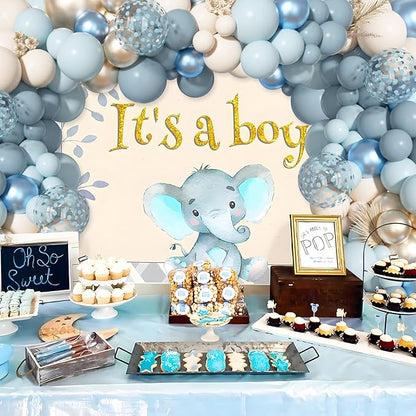 156Pcs Dusty Blue Balloons Arch Garland Kit, Dusty Baby Pastel Blue Chrome Gold Blue Sand White Confetti Balloon for Boy Baby Shower Decorations Bridal Shower Gender Reveal Birthday Party Supplies