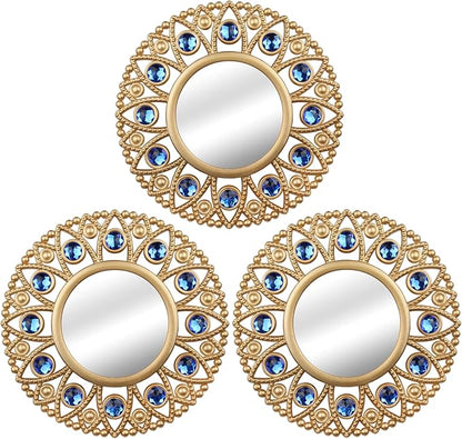DXYAKY Gold Round Decorative Wall Mirrors Set of 3, Lightweight Plastic Framed Mirrors with Blue Crystal Accents, 9.8 Inch Vintage Boho Wall Decor for Livingroom, Bedroom, Entryway