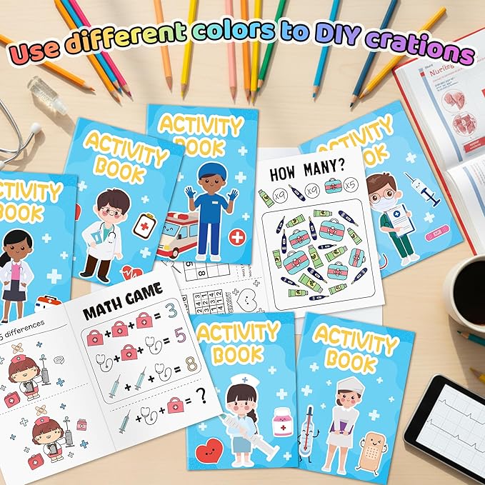 Bulk Medical Activity Books for Kids - 24Pcs Doctor Nurse Theme Mini Games Coloring Book Set Medical Coloring Booklet Include Mazes Word Search Word Scramble Games for Classroom DIY Art Party Favors