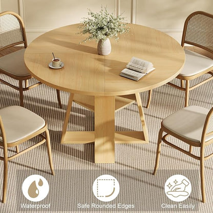 47.2" Round Dining Table for 4-6, Circle Kitchen Table with Open Storage Shelf, Farmhouse Dinner Table with Cross Pedestal Base for Dining Room, Kitchen, Living Room, Burlywood