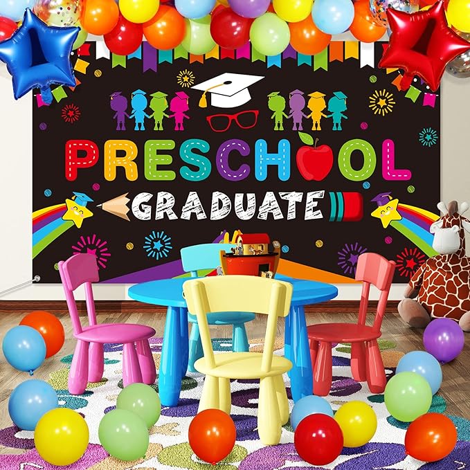 Oudain Kindergarten 2026 Graduation Party Decorations Kit Includes Preschool Graduation Backdrop and Balloon Garland for 2026 Pre Elementary Celebration Decoration Party Supplies(Black)