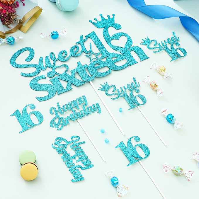 25 Pack 16th Birthday Cake Decorations, Sweet 16 Sixteen Cake Topper, Happy Birthday Sweet 16 Cupcake Toppers Teal Turquoise Blue for Boys Girls Happy 16th Birthday Party Supplies