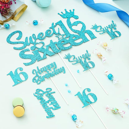 25 Pack 16th Birthday Cake Decorations, Sweet 16 Sixteen Cake Topper, Happy Birthday Sweet 16 Cupcake Toppers Teal Turquoise Blue for Boys Girls Happy 16th Birthday Party Supplies