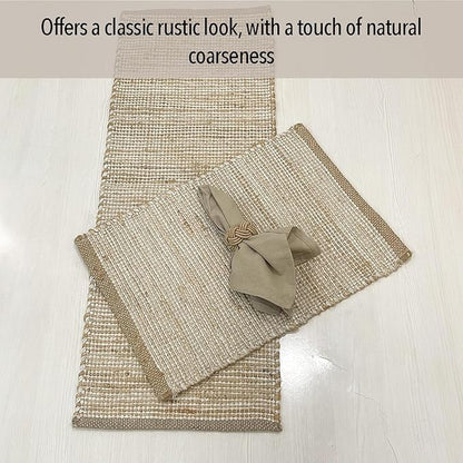 Chardin home Natural Jute Table Runner 13x48 Inch – Vintage Boho Rustic Table Decor – Handwoven Table Runner in Natural Jute and Ivory – Farmhouse Dining or Console Table Accent