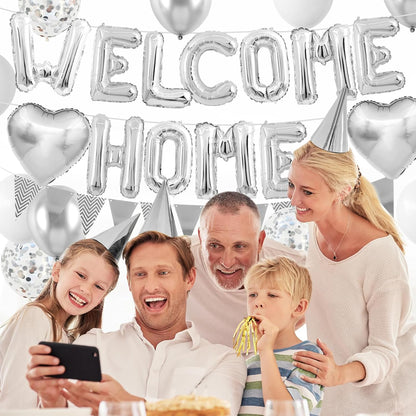 Welcome Home Decorations Silver,Welcome Home Foil Balloon Banner with Confetti Balloons,Silver Heart Balloons Pennant Flag Bunting for Housewarming Baby Shower Home Family Party Supplies