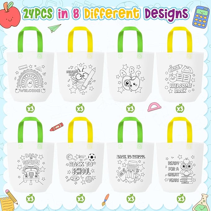 Back to School Coloring Goodie Bags for Kids - 24Pcs Welcome Back Bulk Color Your Own Gift Bags with Handle First Day of School Reusable Coloring Bag Non Woven Tote Bag for Classroom Party DIY Crafts
