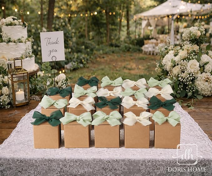 DORIS HOME Green and Cream Chiffon Ribbon for Flower Bouquet, 1" x21Yd Fabric Ribbon for Gift Wrapping, Handmade Frayed Ribbon for Wedding Invitations/Christmas Decorations