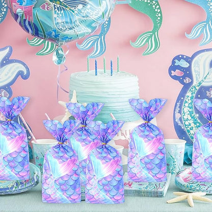 Mikzhskr Mermaid Party Favors - 30 Pcs Decorations, Cookie Goodie Candy Gift Bags, Little Mermaid Cellophane Treat Bags With 30 Pcs Gold Twist Ties for Birthday Party Supplies