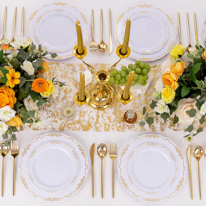 U-QE 100PCS Gold Plastic Disposable Plates - Heavy Duty White and Gold Plates Including 50PCS 10'' Dinner & 50PCS 7.5'' Dessert Plates Perfect for Upscale Party, Wedding