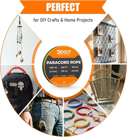 DDOUT 2mm Paracord 100lb, Thin Micro Paracord Rope, FLGreen 250FT Nylon Cord for Crafting, DIY Projects, Fishing, Camping & Outdoor