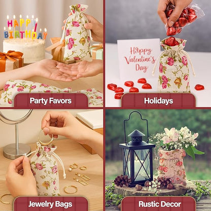 Mandala Crafts 14X6 Inch Rose Burlap Drawstring Gift Bags for Favors - 15 Long Linen Sacks Gift Pouches for Wine Bags