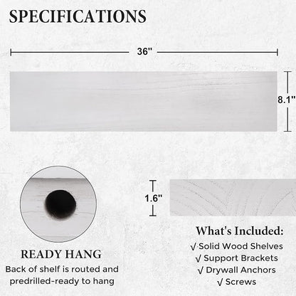 Axeman Floating Shelves, 8 Inch Deep Rustic Solid Wood Wall Shelves for Storage, Wall Mounted Display Shelving with Invisible Heavy-Duty Metal Bracket, 36" W x 8" D x 1.6" H, Distressed White