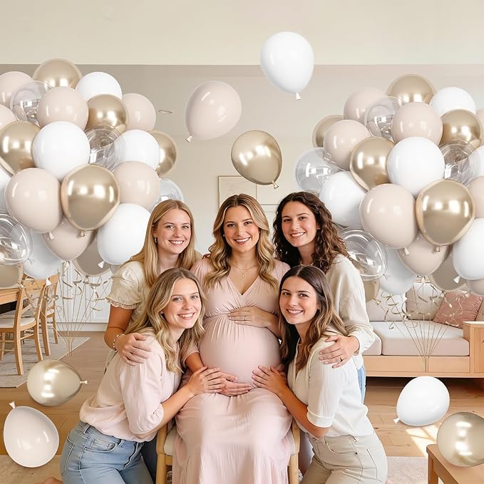 Ouddy Life 71pcs White Sand Cream Balloons Set, 12 inch Metallic Champagne Gold Nude Beige Clear Latex Balloons for Engagement Boho Wedding Baby Bridal Shower Birthday Anniversary Party Decorations