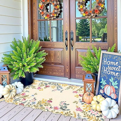 Front Door Mat Indoor Entrance - 2x4.3 Beige Colorful Floral Washable Layered Doormat Outdoor Entrance Porch Rug Non-Slip Boho Runner Rug for Kitchen Hallway Bedroom Laundry Room Porch Decor