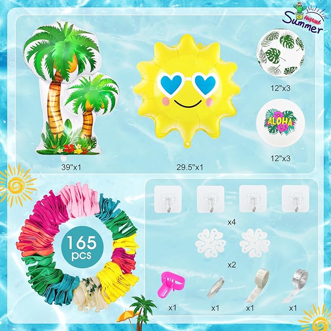 Amandir 165Pcs Summer Aloha Tropical Balloon Arch Garland Kit, Hot Pink Green Orange Blue Yellow Foil Coconut Sun Palm Leaves Neon Rainbow Balloons for Hawaiian Luau Pool Birthday Party Decorations