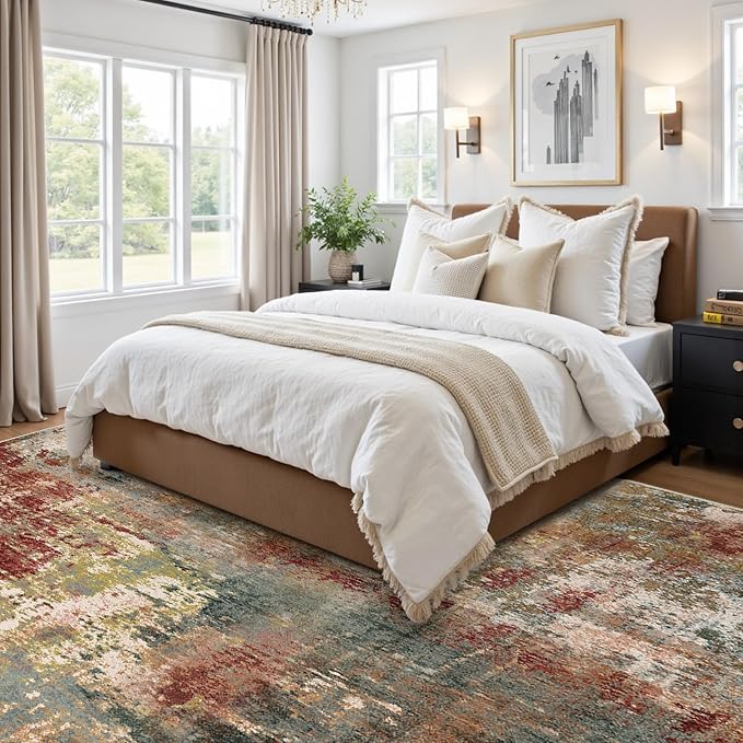 RELEANY Washable Area Rugs 5'x7' Non-Slip Modern Abstract Soft for Living Room Entryway Bedroom Nursery, Print Pattern, Brown Rust Red Green Blue Multi