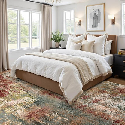 RELEANY Washable Area Rugs 5'x7' Non-Slip Modern Abstract Soft for Living Room Entryway Bedroom Nursery, Print Pattern, Brown Rust Red Green Blue Multi