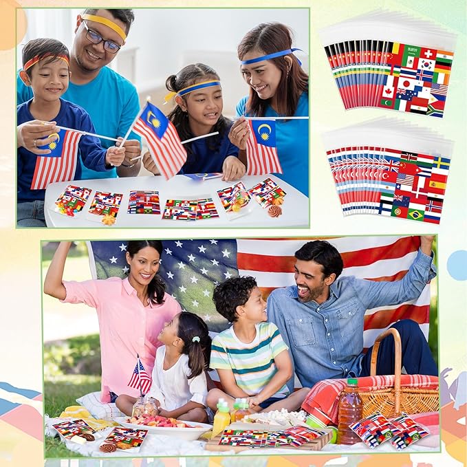 Supervitae 200 Pcs International World Flag Bags Flags of All Nations Cellophane Cookie Bags Bulk 4 x 4 Inch Bag Self Adhesive Clear Treat Goodie Gift for Party Supplies Bakery Packaging
