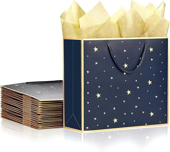 SHIPKEY 12 Pack Navy Star Gift Bags with Gold Frame, 12.5x4.5x11 Inches Large Paper Bag with Ribbon Handles, Star Shopping Bags (32x11.5x28 cm)