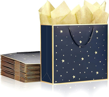 SHIPKEY 12 Pack Navy Star Gift Bags with Gold Frame, 12.5x4.5x11 Inches Large Paper Bag with Ribbon Handles, Star Shopping Bags (32x11.5x28 cm)