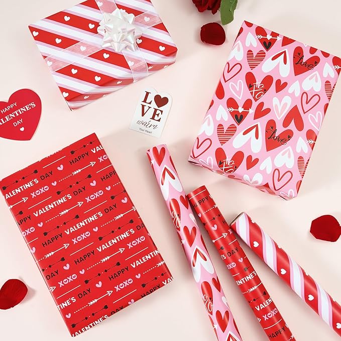 WERNNSAI Valentines Wrapping Paper Rolls - 3 Roll 17”x 120” Happy Valentines Day Gift Wrap Supply Red Love Heart Stripe Design Girls Princess Style for Women Valentine Date Favor