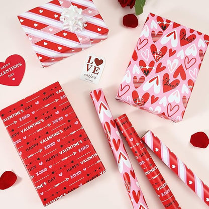 WERNNSAI Valentines Wrapping Paper Rolls - 3 Roll 17”x 120” Happy Valentines Day Gift Wrap Supply Red Love Heart Stripe Design Girls Princess Style for Women Valentine Date Favor