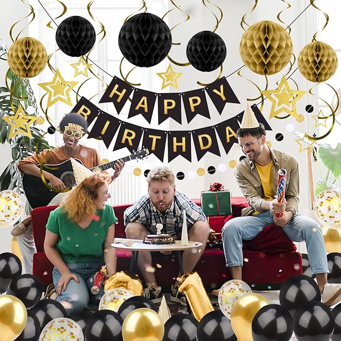 ZERODECO Black Gold Birthday Decorations, Easy to Assemble Happy Birthday Banner with Honeycomb Ball, Balloon, Hanging Swirl Streamer, Garland, Party Decorations for Women Men