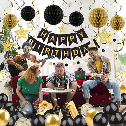 ZERODECO Black Gold Birthday Decorations, Easy to Assemble Happy Birthday Banner with Honeycomb Ball, Balloon, Hanging Swirl Streamer, Garland, Party Decorations for Women Men