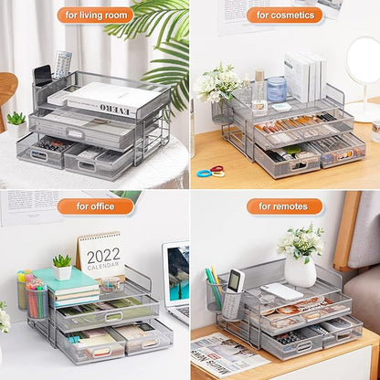 Marbrasse 3 Tier Mesh Desk Organizer with Drawer, Multi-Functional Desk Organizers and Accessories, Paper Letter Organizer with 2 Pen Holder for Home Office Supplies (Silver)