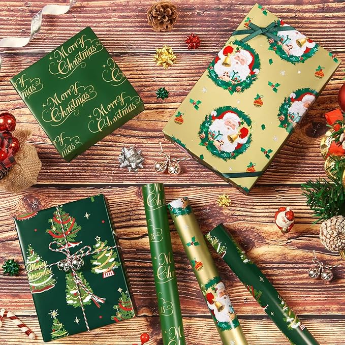 WERNNSAI Christmas Wrapping Paper Rolls - 3 Rolls 17”x 120” Kids Santa Wrapping Paper Xmas Gift Wrap Papers Merry Christmas and Xmas Tree Design for Girls Boys Holidays Party Gift Decoration