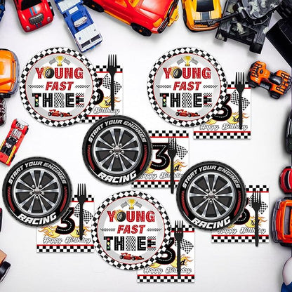 96PCS Race Car Themed 3rd Party Paper Plates and Napkins and Forks Set Young Fast Three Party Tableware Racing Checkered Flag Disposable Dinnerware for Kids Birthday Gatherings Decorations