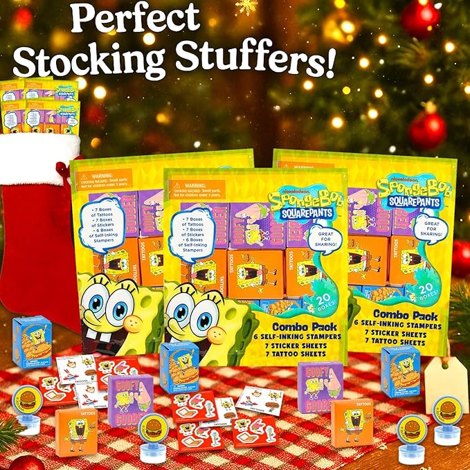 Spongebob Squarepants Party Favor Boxes Set Bundle with 40 Stickers, Tattoos, Stampers for Easter Gift Basket and Egg Hunt Fillers, More