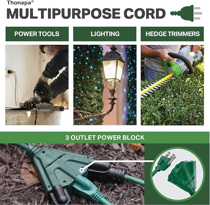 Thonapa Weatherproof Green Extension Cord 6 ft 3 Outlets, 16/3 SJTW Outdoor Extension Cord with Multiple Outlets 6 Foot, 13 AMP Exterior Electric Cable 3 Way Plug for for Outdoor Lights, Landscaping
