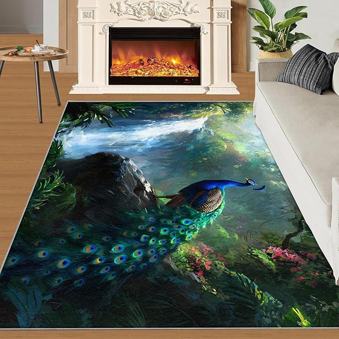 Peacock Rugs for Bedroom - 4x6 Rug, Peacock Decor Area Rugs for Living Room, Natural Landscapes Carpet, Waterfall Washable Area Mat, Aesthetics Carpet - Peafowl Home Decor & Gifts