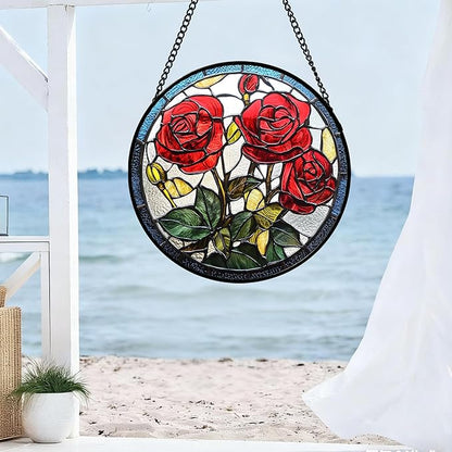 Stained Glass Window Hanging Red Rose Flower 7.8" - Suncatcher Door Garden Sun Catcher Decor Birthday Anniversary Valentines Day Gifts for Woman Wife Men Her Him Lovers Girlfriend
