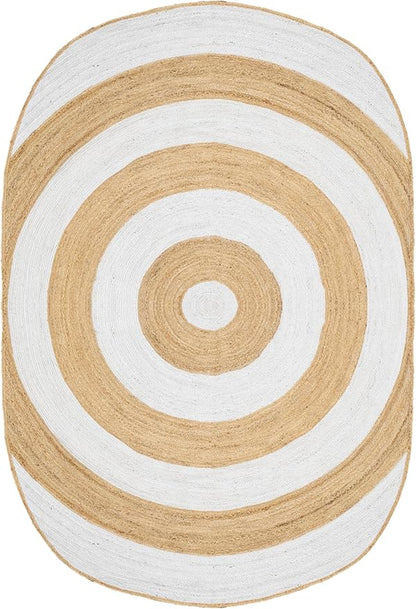 2.6x16 Oval Kilim Jute Runner – Handmade Boho Rug, Hand Braided Jute, 0.27" Thick Flatweave, Solid White Beige Oval Carpet for Hallway, Staircase, Entryway, Corridor