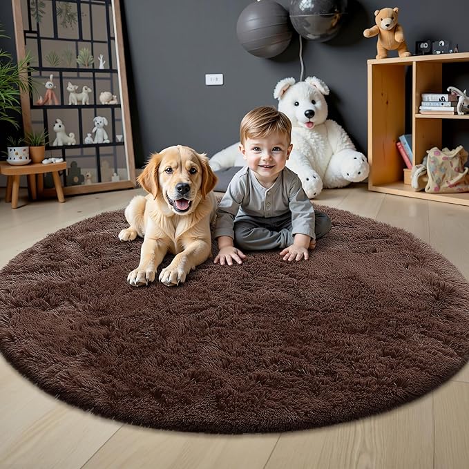OLANLY Coffee Round Rugs for Bedroom - Machine Washable, 7 ft Circle Area Rugs for Living Room, Soft and Fluffy Shaggy Carpet for Teen Girls and Boys, Nursery Rooms, Dorms, Home Decor Aesthetic
