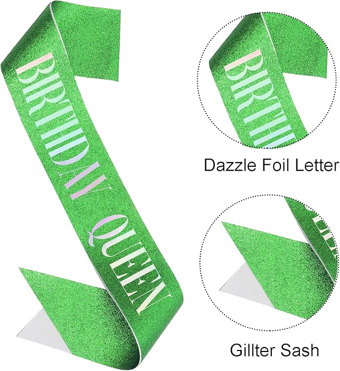 Birthday Queen Sash, Dazzle Foil Letter Glitter Green Birthday Sash for Women Girl 21st 30th 40th 50th 60th Funny Bday Gifts Party Favors Photo Prop