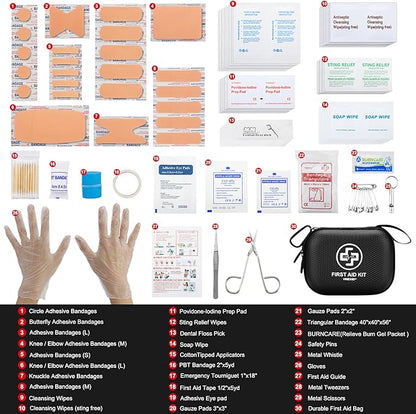 Mini First Aid Kit - 150 Piece Small Waterproof Hard Shell Medical Kit for Home, Car, Travel, Camping, Truck, Hiking, Sports, Office, Vehicle & Outdoor Emergencies (Black)