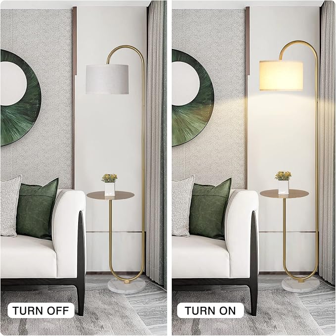 Hsyile KU300271 Arc Floor Lamp with Hanging Drum Shade for Living Room-Marble Base Modern Tall Stand Up Light with Table, Contemporary Over The Couch Gold Lamp Standing Lamps for Bedroom Office