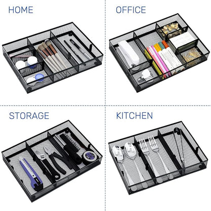 Neudeco Desk Drawer Organizer, 4 Pack Metal Mesh Drawer Organizer Set with Adjustable Dividers, Stackable Pen Organizer for Desk Drawer, Office Supplies Organizer, Black