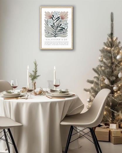 EcoHest Bible Verse Floral Framed Wall Art, 12x16 in OAK Wood Boho Abstract Flowers Canvas Wall Art, Galatians 2:20 Home Decor, Beige Logs Boho Christian Set of 1 for Bedroom Living Room