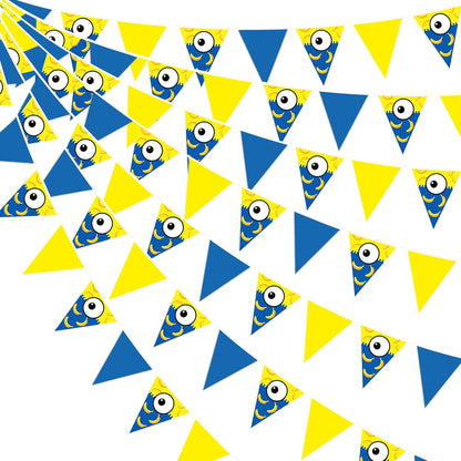 32Ft Yellow Blue Cartoon Party Decorations Blue Yellow Big Eyes Banana Triangle Flag Fabric Banner Pennant Garland Streamers for Cartoon Birthday Baby Shower Big Eyes Movie Party Decor Supplies