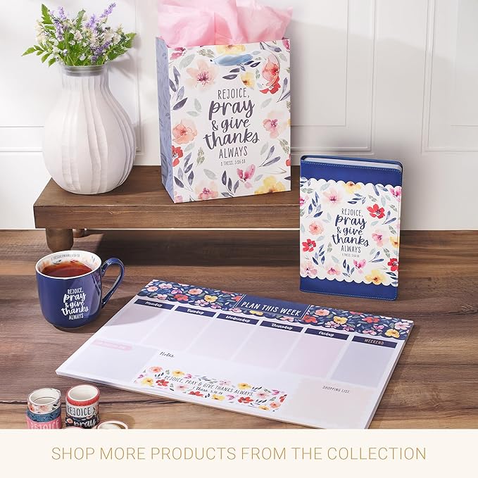 Christian Art Gifts Medium Portrait Inspirational Scripture Gift Bag, Tag & Tissue Wrapping Paper Set for Women: Rejoice, Pray & Give Thanks Bible Verse, Satin Ribbon Handles, White/Multicolor Floral