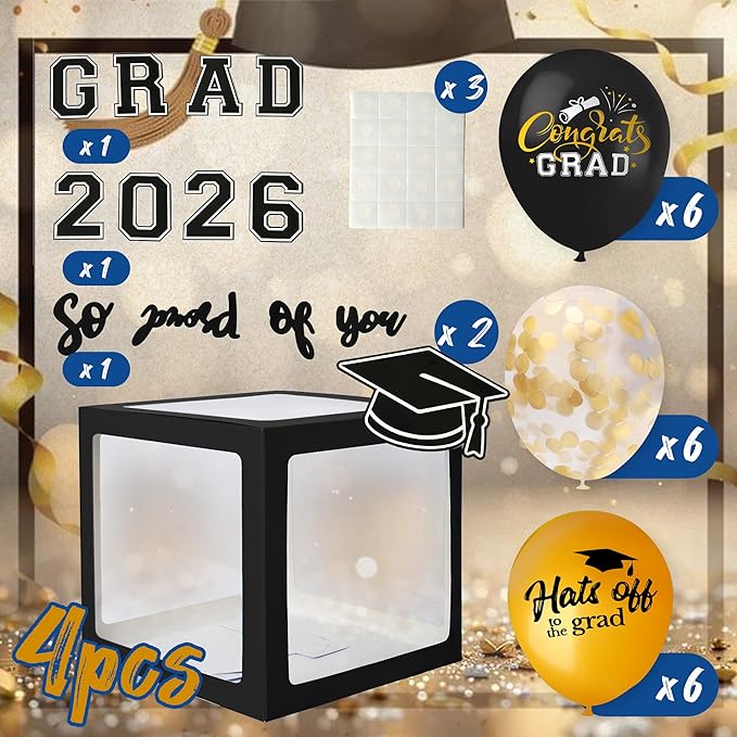 2026 Graduation Decorations 4 Grad Balloon Boxes with Letters 2026 Grad & So Proud of You and 18pcs Balloons Graduation Party Decorations (Black)