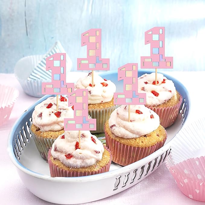Ercadio 24Pcs Pink Number 1 Cupcake Toppers Checkered Pink One Cupcake Picks for Smiley Assorted Racing Car Theme Baby Girls 1st Birthday Party Cake Decoration Supplies