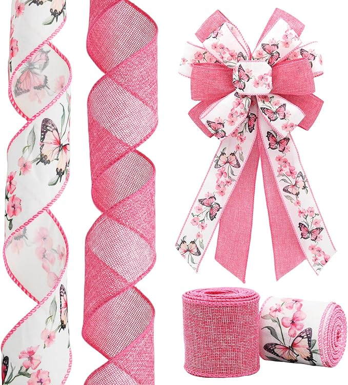 Pink Wired Ribbon for Wreath Bows, 2 Rolls, 2.5″ Wide, 10 Yards Total, Summer Pink Butterfly Floral Wired Ribbons for Crafts Supplies, Rustic Party, Wedding Ribbon Bow Decor